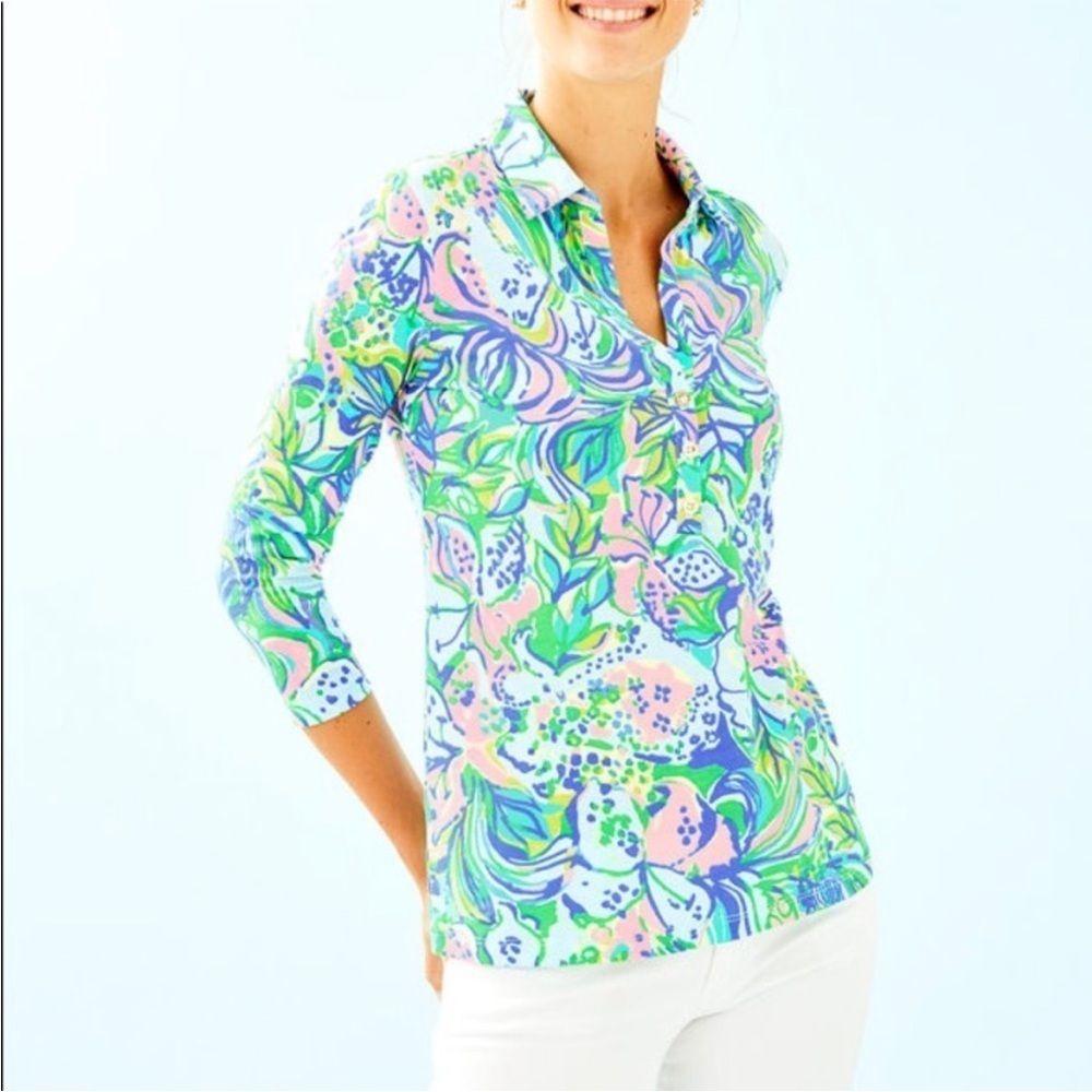 Lilly Pulitzer 100% Pima Cotton Feline Good Ansley Polo Floral Top Size Medium